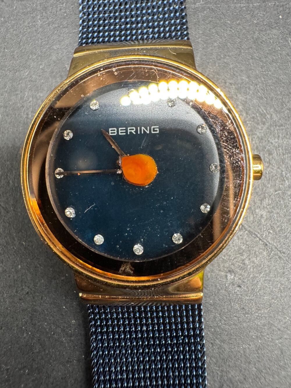 Bering Ladies Watch Slim Classic Rose Gold 10126-367 Blue Mesh Band 25mm
